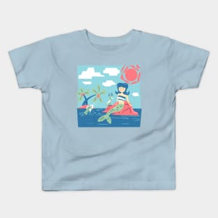 Sunbathing Mermaid on Tropical Island Beach Mid-Century Modern Inspired Kids T-Shirt